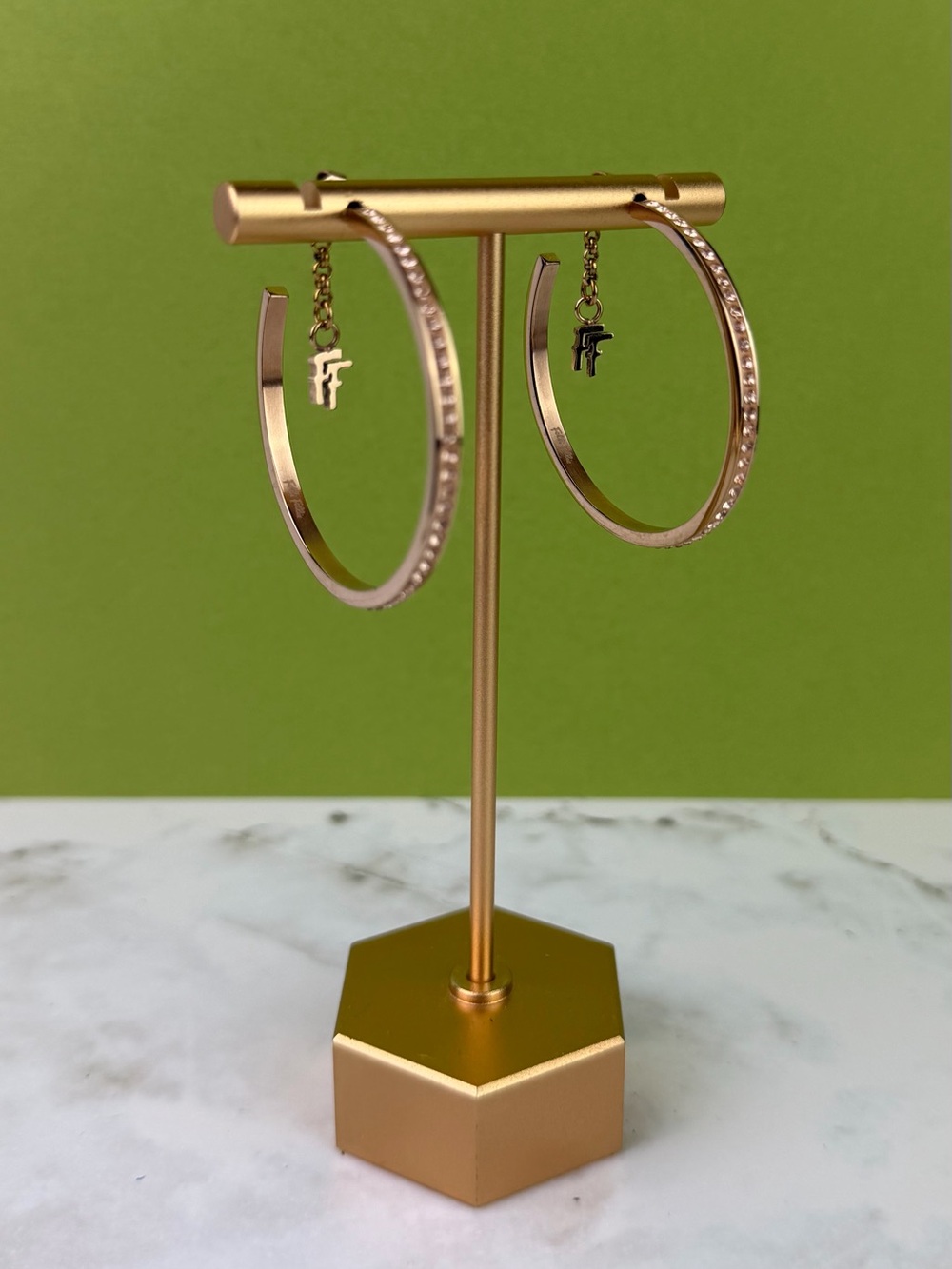 Folli Follie Rose Gold-Tone Crystal Hoop Earrings with Dangling FF Logo